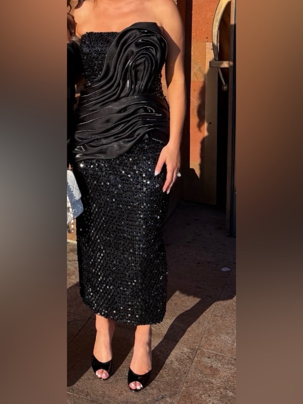Strapless Black Sequin Midi Dress with Draped Satin Detail